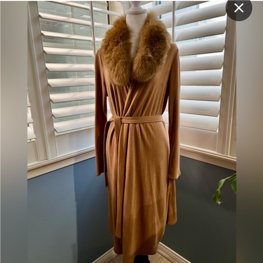 Alice + Olivia Fur Collar Cascading Belted Cardigan Camel Color Size small